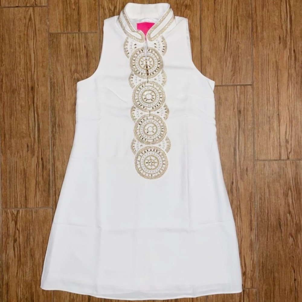 Lilly Pulitzer White Sleeveless Mini Dress with Gold Embellishment